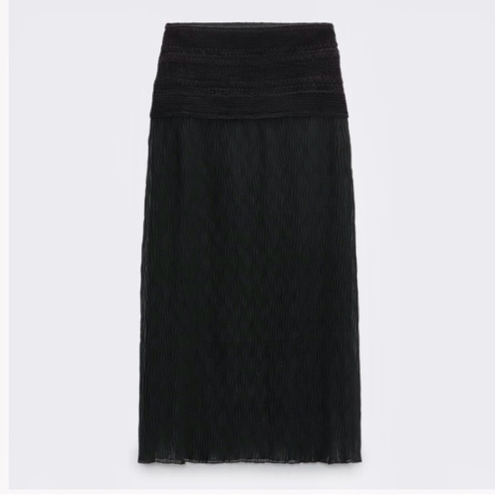 Zara black knit crochet mixed combination crocheted mesh semi-sheer midi skirt - Picture 4 of 9